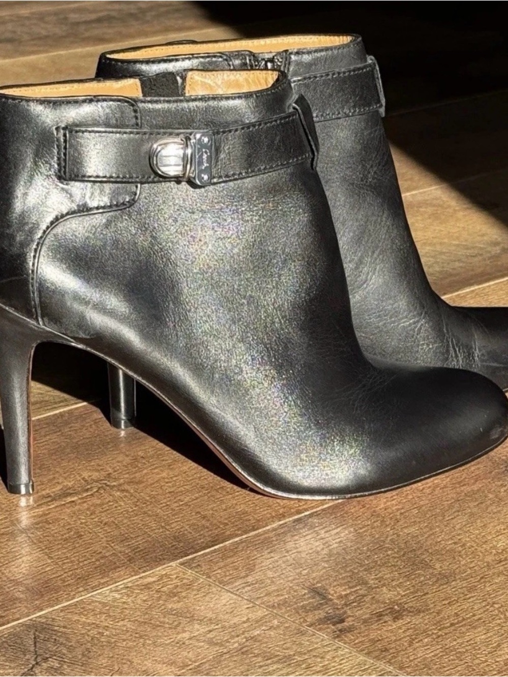 Coach Black Leather Ankle Booties with Silver Buckle